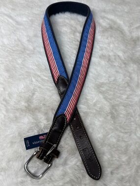 Vineyard Vines Brown Leather American Flag Web Belt Kids 30 Made USA Brass Buckl